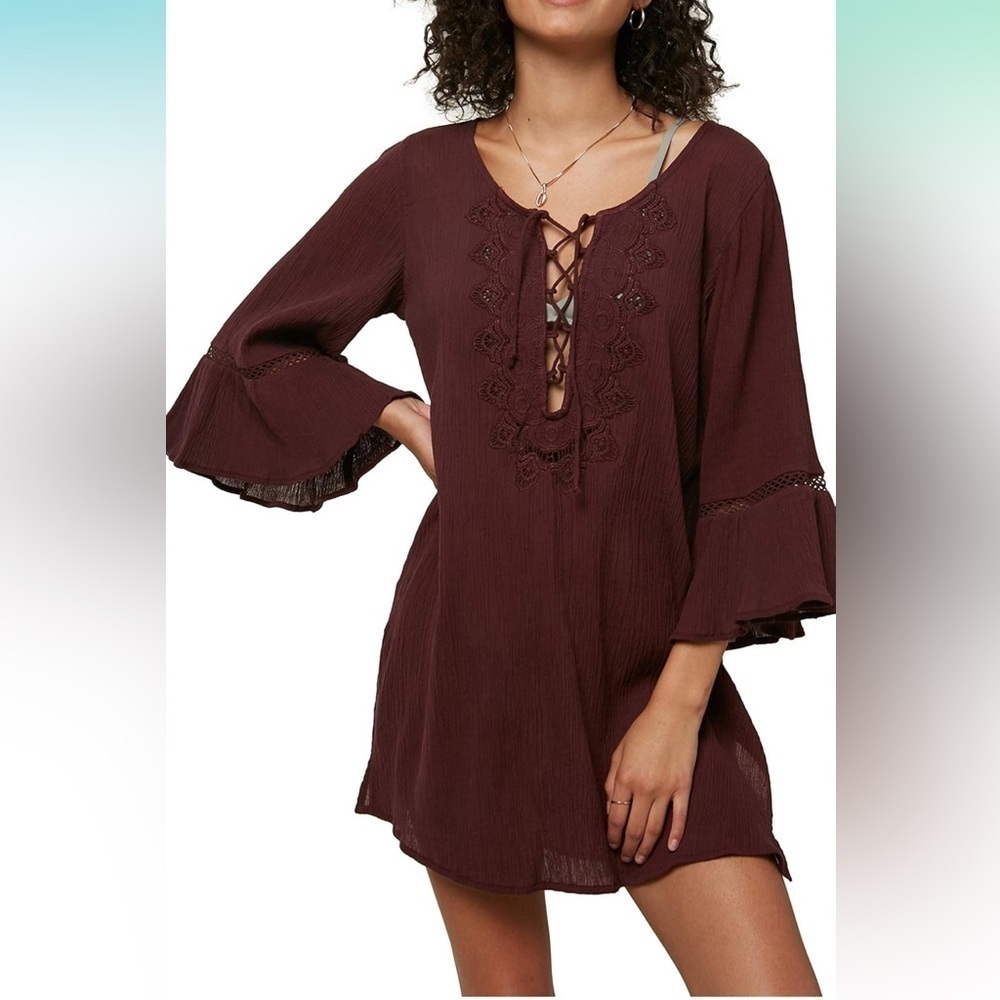 O'Neill Burgundy Sheer Lace-Up Swim Suit Cover Women’s Large